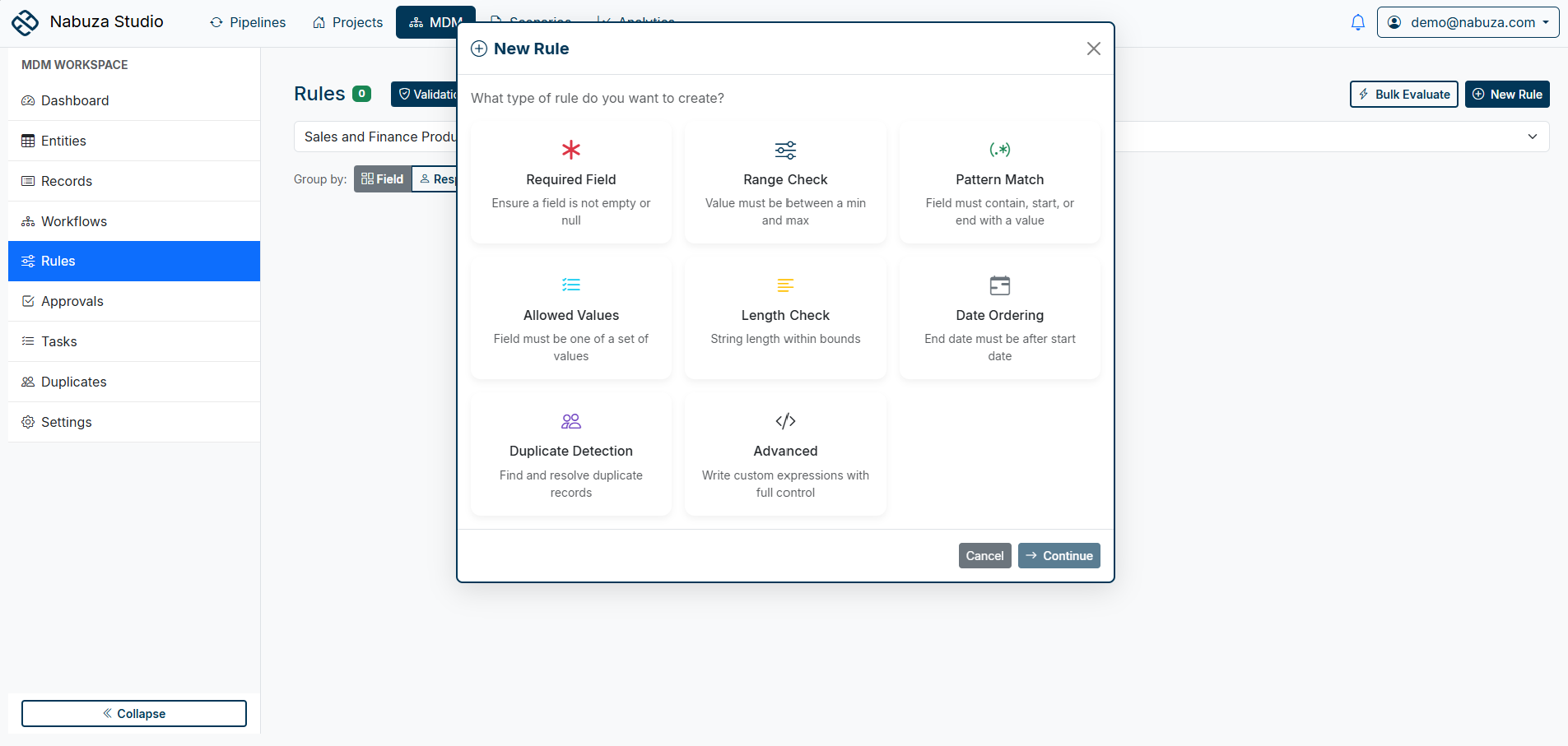 Nabuza MDM record editor with quality rules and approval workflow